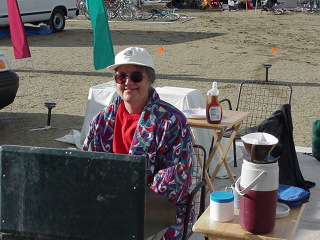 Louise cooking breakfast.